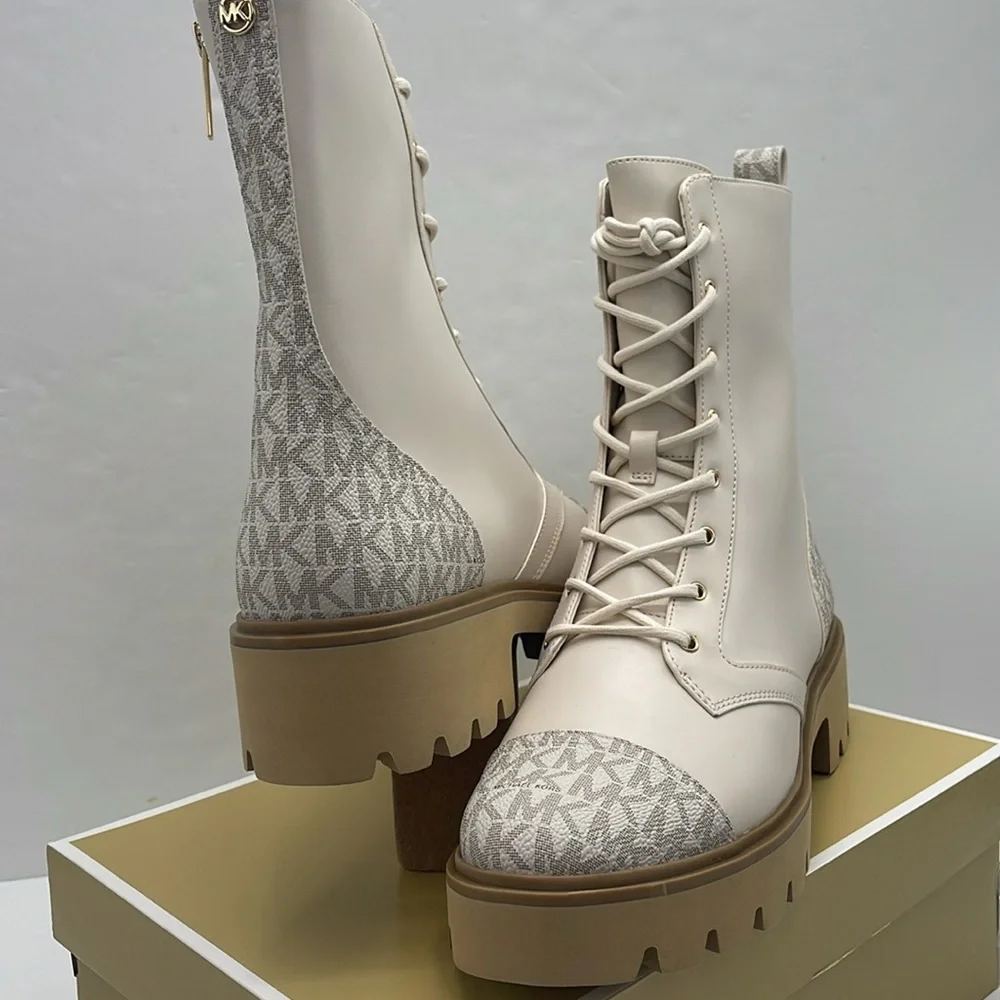 MICHAEL KORS Weiss Leather and Signature Logo Combat Bootie Faux Leather  Vanill